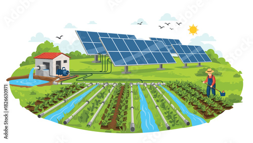 Sustainable farming practices using modern solar powered irrigation for efficient water use and happy farmer cultivating crops in vibrant field