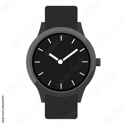 Vector illustration of black wrist watch. Perfect for icon, logo,emblem, banner, label. Front view