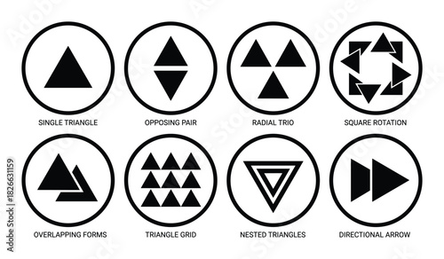 Abstract triangle icon set with various arrangements including single, opposing, radial trio, and nested forms