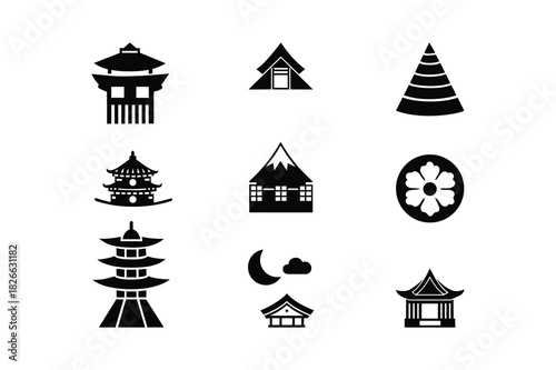 Traditional Japanese Cultural Icon Vector Set Temple, Pagoda, Tea Ceremony, and Gate Silhouette