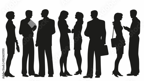 Dynamic silhouette of business professionals collaborating and networking at a conference, ideal for corporate communications and teamwork visuals