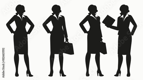Powerful businesswomen silhouettes in various poses, perfect for illustrating corporate success, teamwork, and leadership, originally designed as a vector graphic