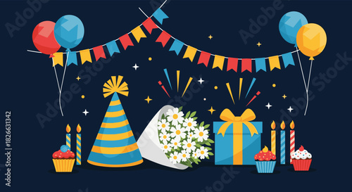 An assortment of colorful birthday celebration elements like balloons, a party hat, wrapped gifts, flowers, cupcakes, and candles, ideal for festive designs.