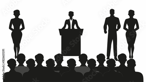 Dynamic speaker addressing an audience at a conference, modern business presentation, confident leader sharing vision, corporate training seminar, vector origin