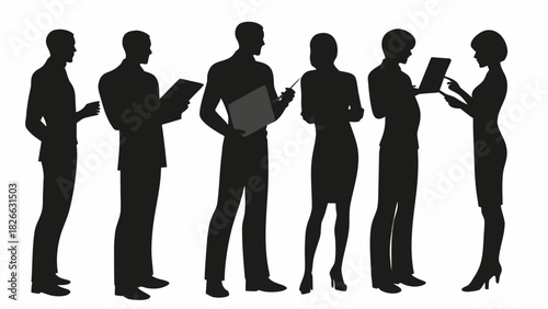 Dynamic team of professionals collaborating and sharing ideas with tablets and documents, silhouettes of modern business people working together seamlessly