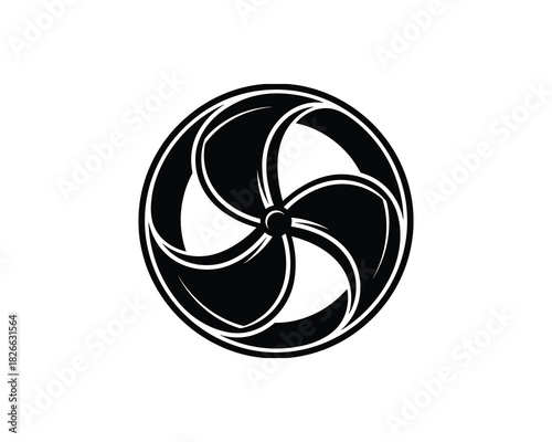 Black and white abstract circular design with four swirling blades resembling a fan or aperture