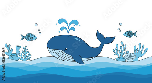 A cute cartoon blue whale happily swims in the ocean, spouting water, surrounded by colorful coral reefs and small fish.