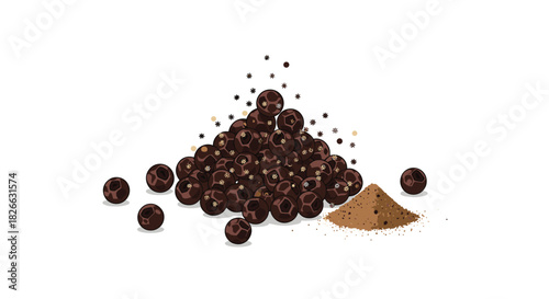 A detailed illustration of a pile of whole black peppercorns with some scattered around, and a small mound of finely ground black pepper next to it.