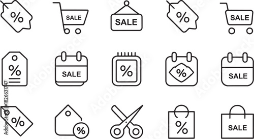 Sales and discount offer icon set. Vector glyph pictograms of price tag, percentage symbol, promo label, clearance deal, retail sticker, shopping badge, offer mark black silhouette