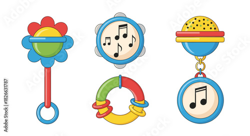 Set of colorful baby toys, including various rattles, a tambourine, and a teether, designed for infant play and musical engagement.