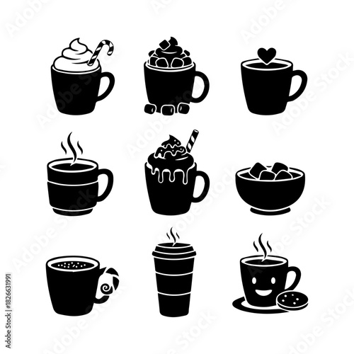 A set of 9 minimal black vector silhouettes of hot drinks, including mugs of cocoa topped with whipped cream, marshmallows, and candy canes, plus a steaming travel cup. Cozy holiday graphics.