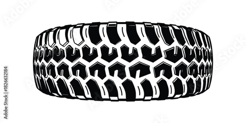 Black and white vector illustration of car tire with deep tread for off road vehicle