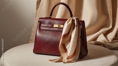 Elegant burgundy leather handbag with silk scarf accent