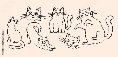 Childlike Doodle Cats hand drawn in playful poses with sketchy textured strokes, simple kitten Characters sitting stretching and smiling, cute minimal line art set for posters cards stickers print