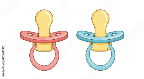 Two cartoon baby pacifiers, one pink and one blue, representing options for boys and girls, on a white background.