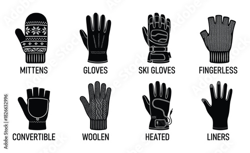 Black silhouette set of different glove styles with names including mittens ski fingerless convertible woolen heated liners