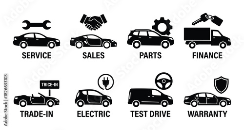 Car dealership services vector icon set including service sales parts finance trade-in electric test drive and warranty