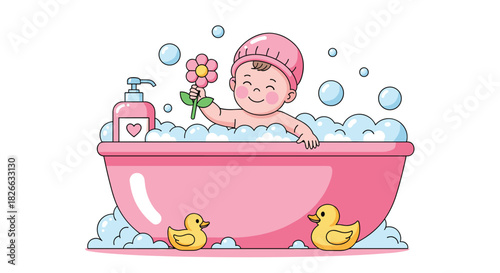A cute baby joyfully bathes in a pink tub, wearing a shower cap and playing with a flower amidst bubbles and rubber ducks.