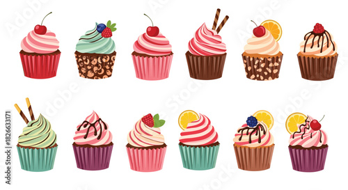 A collection of colorful and decorated cupcakes with various toppings and frosting, perfect for parties and celebrations.