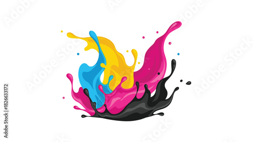 Vibrant splash of cyan magenta yellow and black ink offering a dynamic colorful design element for creative projects and print media