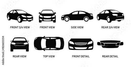 Car vector icons set showing various views and details of automobile perfect for automotive design projects