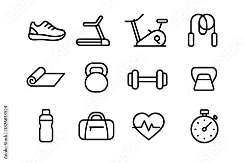 Active Lifestyle Icons. Active Lifestyle. Line icon set of Active Lifestyle: running shoes, treadmill, stationary bike, jump rope, yoga mat, kettlebell,