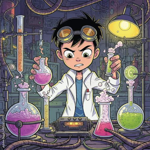 Cartoon boy scientist in lab coat conducting experiments with beakers and test tubes in a cluttered laboratory.