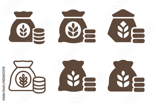 Agricultural Trade Icons. Trade in agricultural products and commodities. Icon set. Set Logo of trade in agricultural products and commodities: grain sack and