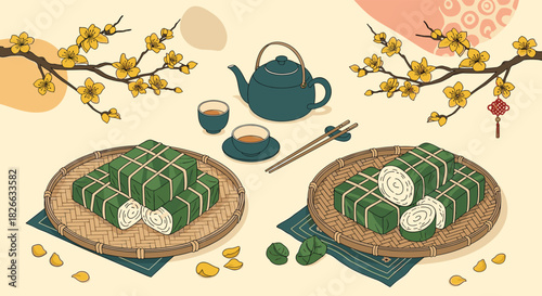 Traditional Vietnamese New Year's meal featuring Banh Tet and Banh Chung, served with a tea set and vibrant apricot blossoms, symbolizing prosperity.