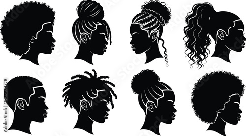 African hairstyle silhouette set, natural hair profile collection, afro braids locs ponytail designs, stylish textured hair illustration vector pack