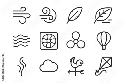 Air Movement Icons. Air Movement. Line icon set of Air Movement: gust, swirling wind, feather floating, leaf blowing, air current, fan, propeller, hot air