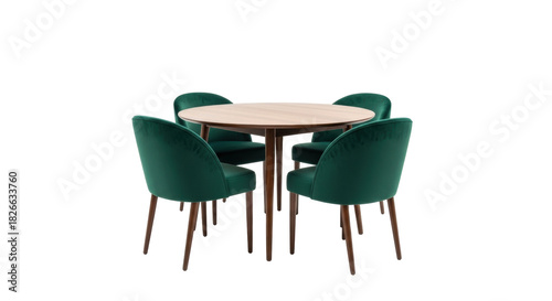 Canvas Print Isolated round dining table set with four modern teal green chairs in a home stu