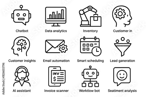 AI Icon Set. AI for small businesses. Line icon set of AI for small businesses: chatbot icon, data analytics, inventory automation, customer insights, email