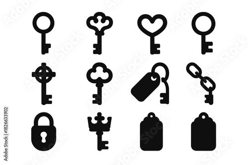 Antique Key Icons. Antique Keys. Solid icon set of Antique Keys: skeleton key, ornate handle, heart bow, circular ring, square bit, cross cut, gothic key, loop