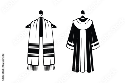 Clothing illustrations featuring a prayer shawl or tallit and a judge's robe with collar on hangers
