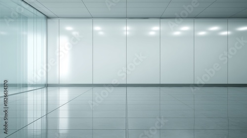 Empty white interior with glossy wall and tile floor – modern clean space concept