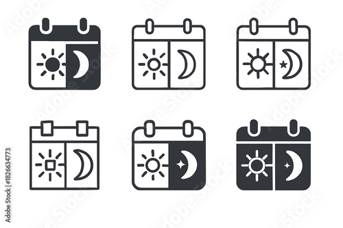 Balance Icon Set. Preventing Burnout and Work-Life Balance. Icon set. Set Logo of Preventing Burnout and Work-Life Balance: calendar with sun and moon.
