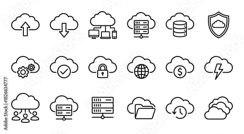 Cloud computing line icons collection depicting server, storage, network, and security elements
