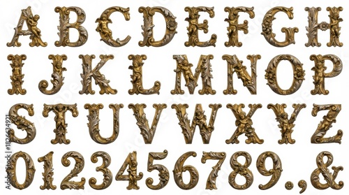 baroque-styled font set featuring letters numbers and symbols on a white backdrop