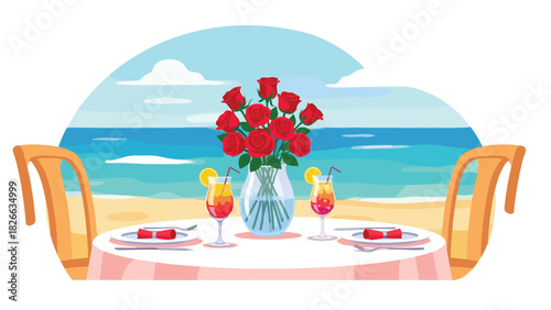 Romantic beach dining with vibrant drinks and roses, ideal for couples celebrating special occasions or vacations in paradise