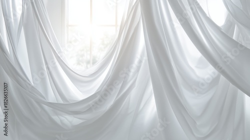 White sheer curtains with sunlight in bright interior – soft home decor background