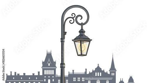 Old town charm with vintage lamppost lighting up the night in classic European city, vector design for nostalgic travel and architecture themes