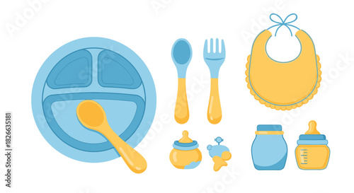 Assortment of essential baby feeding items in blue and yellow, featuring a plate, cutlery, bib, and bottles.