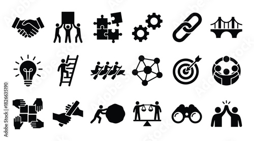 Collaborative success and teamwork icons set for business innovation and problem solving solutions