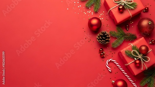 Festive Christmas Decoration Background With Red Gift Boxes Pine Branches Shiny Baubles And Candy Cane On A Vibrant Red Surface Providing Ample Copy Space For Holiday Marketing And Seasonal