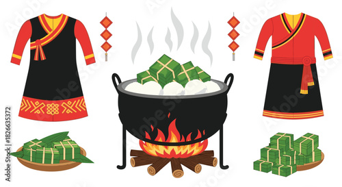 Traditional Vietnamese Lunar New Year celebration elements, featuring authentic clothing, symbolic b�nh ch?ng sticky rice cakes cooking, and decorative lanterns.