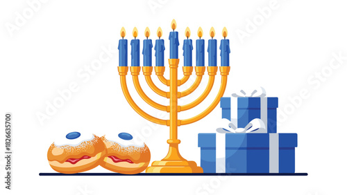 Celebrate Hanukkah with a stunning menorah, delicious donuts and beautifully wrapped gifts, perfect for holiday cards and festive designs