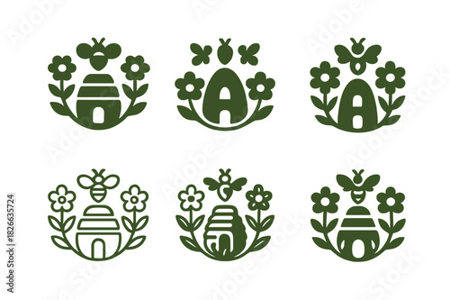 Bee-Flower Garden Logos. Flowering garden and bees. Icon set. Set Logo of flowering garden and bees: hive near blossoms. harmonious logo variations of the same