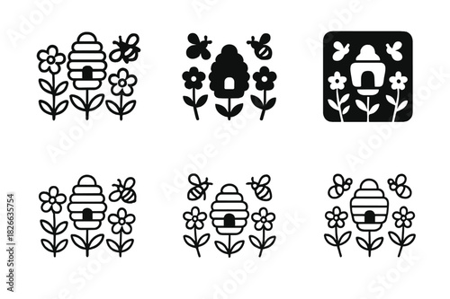 Bee-Flower Garden Logos. Flowering garden and bees. Icon set. Set Logo of flowering garden and bees: hive near blossoms. harmonious logo variations of the same