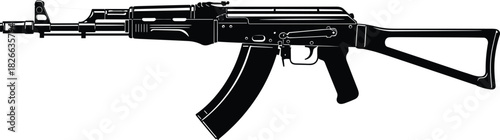 Assault rifle silhouette illustration with detailed parts, military firearm outline graphic, tactical weapon design, black gun shape for reference artwork